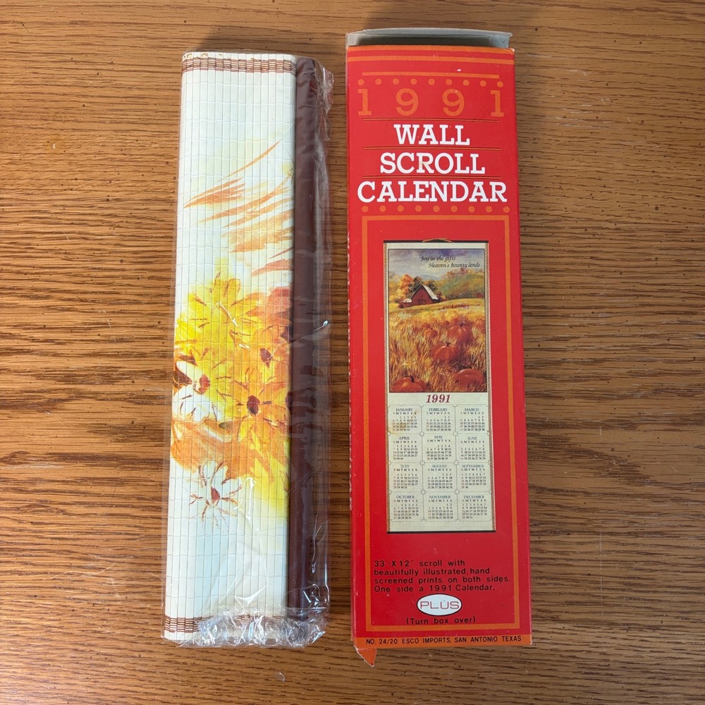Vintage 1991 Wall Scroll Calendar Esco Imports Hand Screened Farmhouse